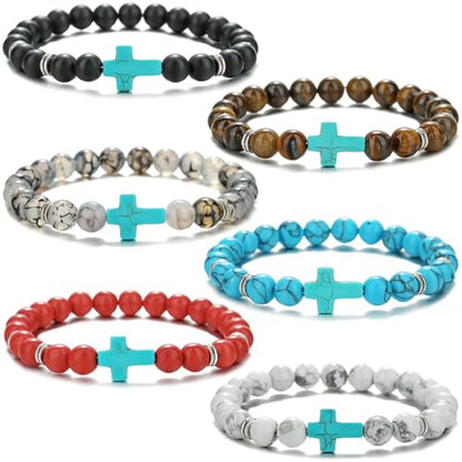 Beaded Bracelets Cross Bracelet for Women Men Lava Rock Turquoise Tiger Eye Natural Bracelet Anxiety Healing - color: 6 Pcs- green cross