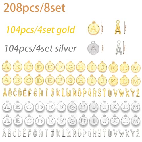 208Pcs/8 Sets Silver Letter Charms A-Z Alphabet Metal Initial Charms kit for Jewelry Making DIY Bracelets Necklaces and keychain making - color: Gold-Silver