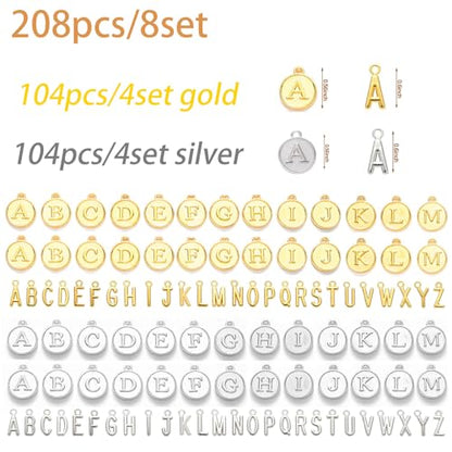 208Pcs/8 Sets Silver Letter Charms A-Z Alphabet Metal Initial Charms kit for Jewelry Making DIY Bracelets Necklaces and keychain making - color: Gold-Silver
