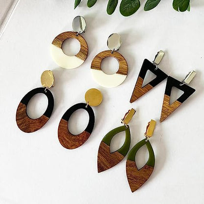 Wooden Geometric Clip On Earrings Women Gold Black Wood Non Pierced Ears Dangle Drop Earrings Triangle Leaf Comfortable Clip Earrings Jewelry - color: Leaf_Green+Gold