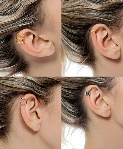 4-10 Pairs Stainless Steel Ear Cuff Helix Cartilage Clip On Wrap Earrings Fake Nose Ring Non-Piercing Adjustable - color: A1:10 Pairs, Gold Tone