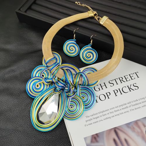 African Jewelry Sets Statement Big Crystal Pendent Necklace Earrings Set For Women Handmade Bib Collar Costume Tribal Fashion Accessories - color: KDLUN5306 Sky Blue
