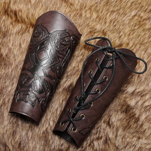 Medieval Leather Bracers Dragon Embossed Viking Leather Bracers Leather Arm Armer Cuff Leather Gauntlet Costumes Accessories - style: Viking Angle Wings Leather Bracers-dark Brown