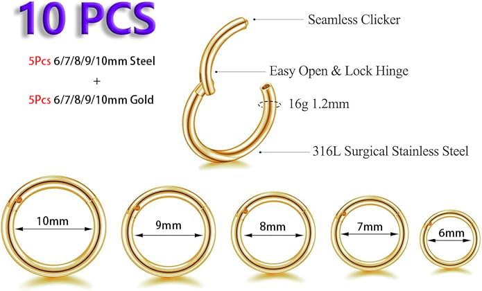 HQLA 16G Surgical Steel Hinged Clicker Segment Nose Rings Hoop Helix Cartilage Daith Tragus Sleeper Earrings Body Piercing for women 6mm 8mm 10mm 12mm 14mm - style: 16G - Steel & Gold - (6/7/8/9/10mm) - 10Pcs)