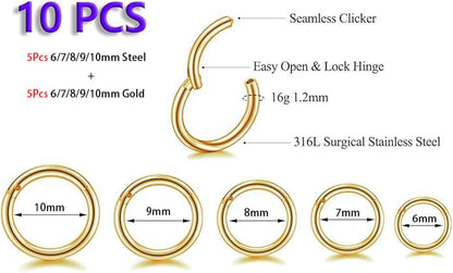HQLA 16G Surgical Steel Hinged Clicker Segment Nose Rings Hoop Helix Cartilage Daith Tragus Sleeper Earrings Body Piercing for women 6mm 8mm 10mm 12mm 14mm - style: 16G - Steel & Gold - (6/7/8/9/10mm) - 10Pcs)