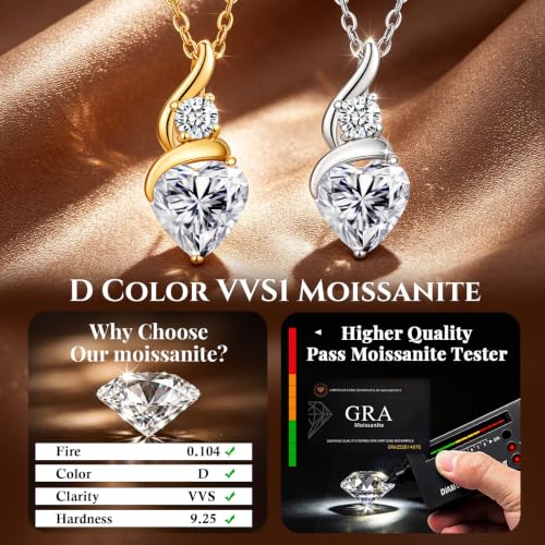 ANDSO Heart Moissanite Necklaces Birthday Jewelry Gifts for Women | S925 Silver /Gold Plating Birthstone Necklace, Ideal Anniversary Christmas Valentine Present for Mom Wife Her Girlfriend - style: 14K Gold Plated Stainless Steel-2 Carat