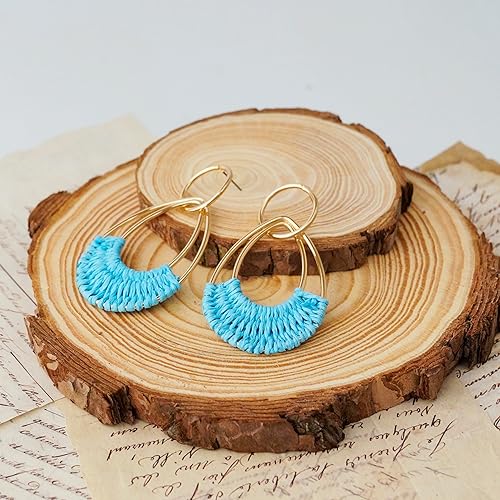 Raffia Hoop Earrings for Women Fun Boho Summer Beach Earrings Lightweight Handmade Straw Wicker Rattan Dangle Earrings Statement Geometric Round Drop Earrings - color: Light Blue - Teardrop