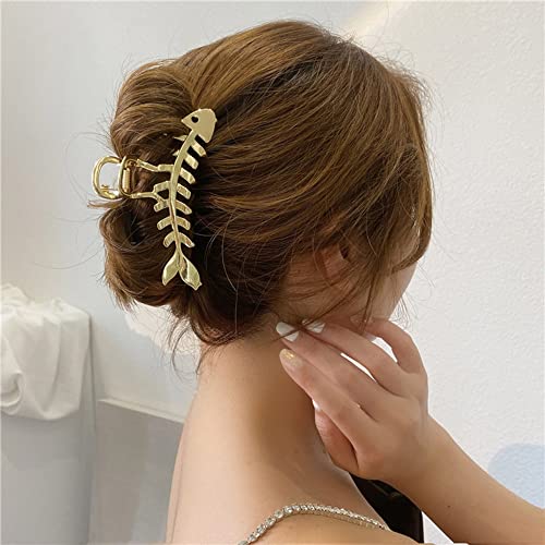 Metal Gold Fishbone Hair Clips Acrylic Large Hair Claw Cross Hairclip Elegant Fish Bone Headband Hairpin Hair Crab Female Lady Nonslip Barrette Hair Accessories for Women Thick or Thin Hairs - color: Gold Fishbone