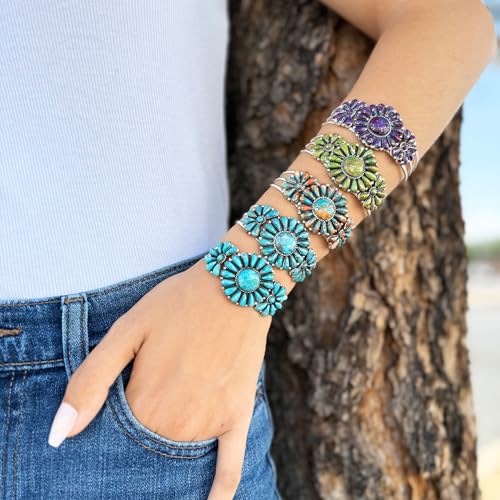 Southwest Style Genuine Gemstones 925 Sterling Silver Cluster Bracelet - color: Purple Turquoise