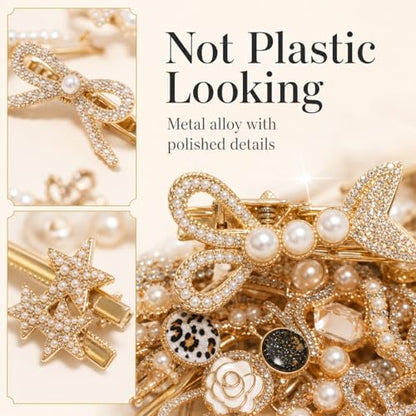 50Pcs Hair Clips for Women & Girls - No Duplicates Assorted Hair Accessories Set in Clear Display Box | Faux Pearl, Resin, Rhinestone & Gold-Tone Barrettes, Snap & Bobby Pins