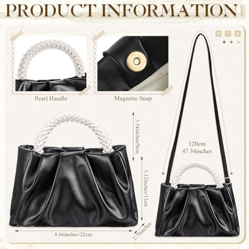 Liliaafar 4 Pcs Evening Clutch Purse with Pearl Jewelry Sets,Clutch Bag Pearl Earrings Necklace Bracelet for Wedding Party - color: Black, style: Leather Ruched