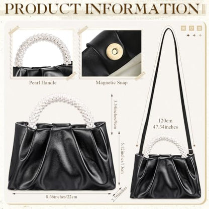 Liliaafar 4 Pcs Evening Clutch Purse with Pearl Jewelry Sets,Clutch Bag Pearl Earrings Necklace Bracelet for Wedding Party - color: Black, style: Leather Ruched