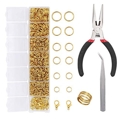 EuTengHao 1504Pcs Gold Open Jump Ring and Lobster Clasps Kit - Jewelry Making Repair Supplies with Pliers and Tweezers - color: Gold