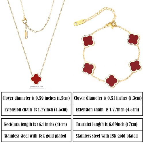Delicacy Clover Bracelets Necklace Set:Clover Necklaces Clover Bracelet Women Link Bracelets Cute Gold Jewelry - color: Red-Gold