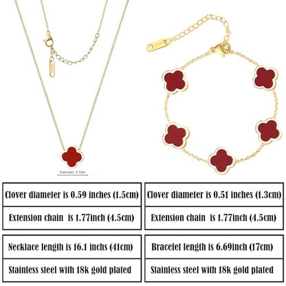Delicacy Clover Bracelets Necklace Set:Clover Necklaces Clover Bracelet Women Link Bracelets Cute Gold Jewelry - color: Red-Gold