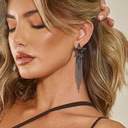 EVER FAITH Crystal Long Waterfall Star Tassel Clip-on Earrings for Women | Rhinestone Beaded Fringe Chandelier Dangle Statement Earring, Wedding Party Jewelry - color: Black Black-Tone