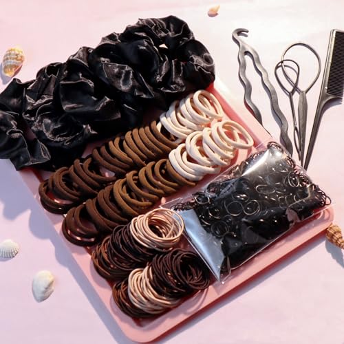 YANRONG 755PCS Hair Accessories for Woman Set Seamless Ponytail Holders Variety Hair Scrunchies Hair Bands Scrunchy Hair Ties For Thick and Curly (755PCS (black brown)) - color: 755PCS (black brown)