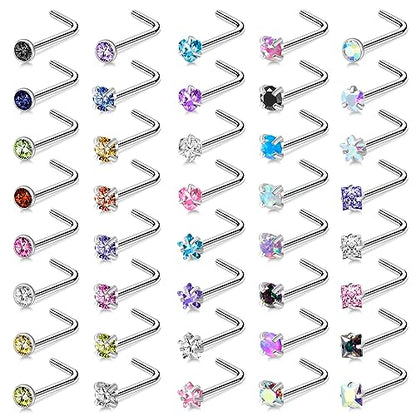 36-44 Pcs 18G 20G Nose Rings Studs Nose Rings for Women Nose Piercings Jewelry Surgical Stainless Steel Nose Studs Moon Star Heart Butterfly Hypoallergenic Body Piercing Jewelry for Women Men - color: 18G Colorful C-L Shape- 40 Pcs