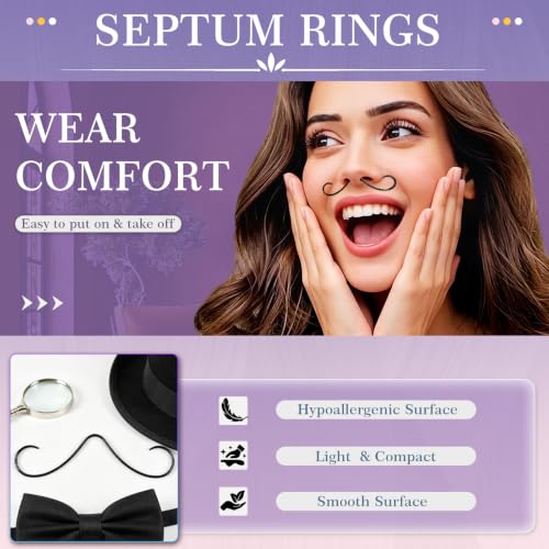 ONESING 20-30 Pcs Septum Rings 16G Septum Jewelry - Surgical Steel Piercings Horseshoe Helix Daith Smiley Tragus Lip Rings Nose Hoop Hinged Seamless Piercing Jewelry for Women Men - color: Black-Mustache -16G