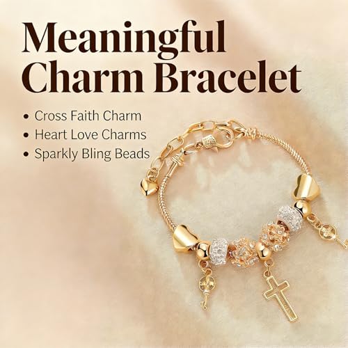 Gold Charm Bracelet for Women, Adjustable Cross Bracelet with Heart Charms & Bling Beads, Cute Dainty Jewelry Gift for Her