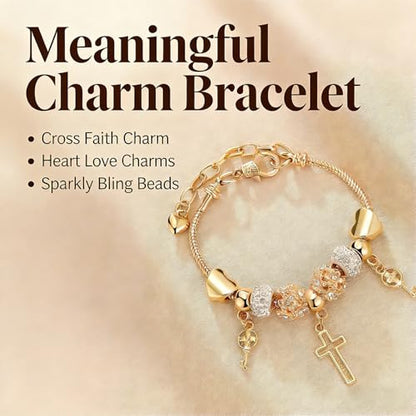 Gold Charm Bracelet for Women, Adjustable Cross Bracelet with Heart Charms & Bling Beads, Cute Dainty Jewelry Gift for Her