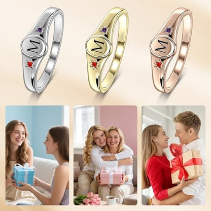 S925 Sterling Silver Personalized Initial Signet Ring Customized Letter With Birthstones Band Engraved Stacking Rings for Mother Daughter Wife Birthday Wedding Engagement Promise Ring - color: Style 1