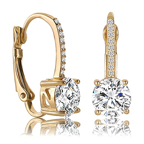Ladies 1 Carat Diamond Pendant Earrings 18K Gold Plated Cubic Zirconia Hanging Lever Bridal Earrings Girls and Women's Fashion Jewelry - color: gold