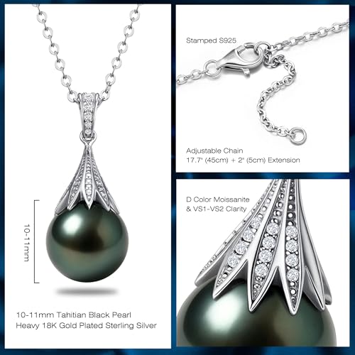 Genuine Tahitian Black Pearl Necklaces for Women, 9-12mm AAAA Seawater Pearl - Sterling Silver Moissanite Pendant, Wedding Anniversary, Birthday, Christmas Gift for Wife, Mom, Girlfriend, Fine Jewelry - size: 11-12mm, style: Foliate Drop