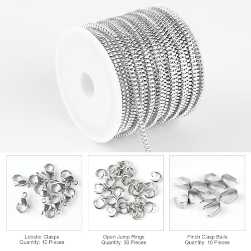 Kyutong 10M Silver Box Chain Links with Bulk Stainless Steel Necklace Chain | 32.8 Feet Silver Craft Chains with Lobster Clasps Pinch Clip Clasps for DIY Handcraft Jewelry Making - color: Silver-8