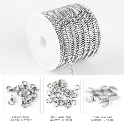 Kyutong 10M Silver Box Chain Links with Bulk Stainless Steel Necklace Chain | 32.8 Feet Silver Craft Chains with Lobster Clasps Pinch Clip Clasps for DIY Handcraft Jewelry Making - color: Silver-8