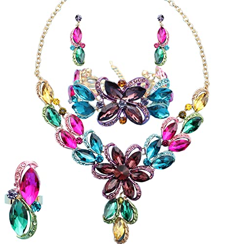 Jewelry Set for Women Rhinestone Austrian Crystal Statement Flower Necklace Link Bangle Bracelet Dangle Earrings Rings Allergy Free Wedding Party Jewelry Set for Bridal Bridesmaid - color: Multicolor-Gold Plated
