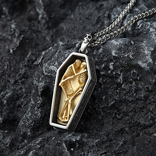 Skull Necklace for Men Stainless Steel Gothic Punk Emo Biker Necklace Jewelry for Men 60cm - style: Two-tone Coffin Skull