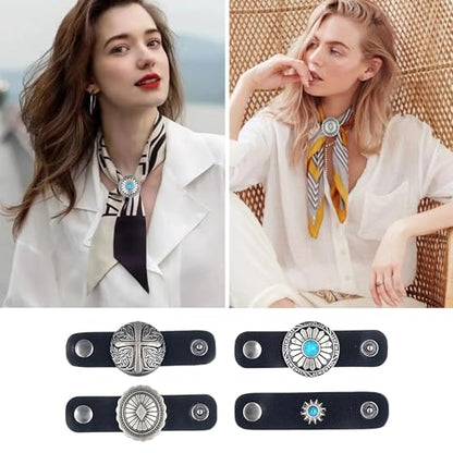 4Pcs Scarf Ring Western Bandana Slide For Women Men Genuine Leather Wild Rag Clip Neckerchief Holder Cowboy Accessories Clothing Cinch Buckle - color: Silver B