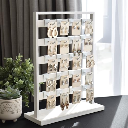 Ikee Design 5 Tiers Free Assemble Wooden Jewelry Display Rack with 20 Removable Metal Hooks,Earring Card Display Stand,Jewelry Organizer,Bracelet Organizer,Keychain Display Stand,Wash White | Wooden 5 Tiers Jewelry Display Rack with Hooks: Comes with 20 r