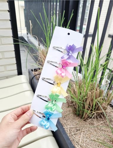 Heart Gem Ribbon Hair Snap Clips with Satin Bow, Multicolor Set of 5, Pink Yellow Green Blue Purple, 2 Inch