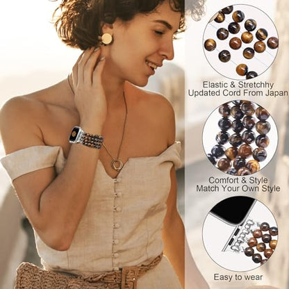 Newlibery Natural Stone Bracelet Beaded-Band Women Compatible with Apple Watch 42mm(S3/2/1) 44/45/46/49mm Feminine Handmade Stretch Strap for iWatch Series 11/10/9/8/7/6/5/4/3/2/1 SE 3/2/1 Ultra1/2/3 - color: A6 Tiger's Eye, size: 46(s10/11)/49/45/44/42mm