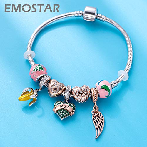 EMOSTAR Jan-Dec Birthstone Charms fits European Birthday Bracelet, Dangle 925 Sterling Silver Heart Shaped Pendant with 12 Months Birthstones, Gifts for Mom/Women - color: May Birthstone