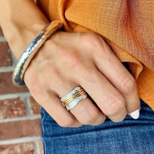 Vintage Hammered Texture Wide Band Ring, 15mm Wide Brass Double Plated (Silver & Gold) with Wavy Edge and Triple Gold Wire Inlay