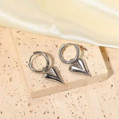 Charm Heart Huggie Hoop Earrings for Women,Lightweight 14K Gold Plated Love Heart Drop Dangle Earrings Minimalist Jewelry - color: Silver heart hoop earrings