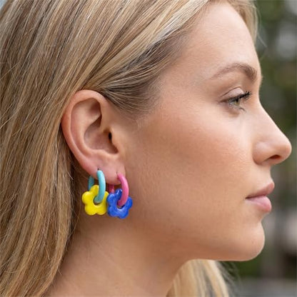 Gorgeous Acrylic Flower Hoop Earrings for Women, Vibrant Colorful Chunky Hoops, Fun Mismatched Floral Jewelry Matching Daily Spring Aesthetic Outfits Perfectly