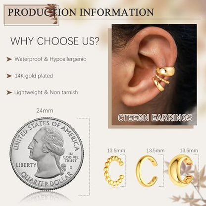 14K Gold/Silver Plated Ear Cuffs Non Piercing Set Clip On Dainty | Non Pierced Ear Cuff, Stackable Small Cartilage Hoop Huggie Set, Tarnish Resistant Hypoallergenic Trendy Jewelry Gift - style: gold style 2