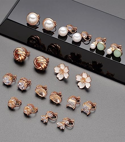 Tornito 10-15 Pairs Clip on Stud Earrings Non Pierced Teardrop Round Square CZ Pearl Twist Knot Flower Butterfly Heart Star Rainbow Cat Opal Clip on Earrings for Women - color: B: Gold Tone