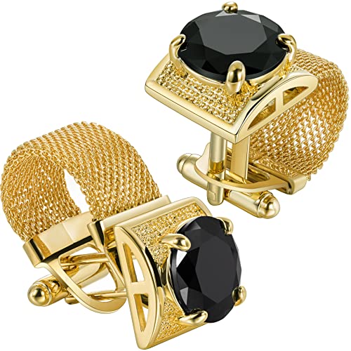 HAWSON Mens Cufflinks with Chain - Stone and Shiny Gold Tone Shirt Accessories - Party Gifts for Young Men - color: 24K Gold Color+Black Crystal