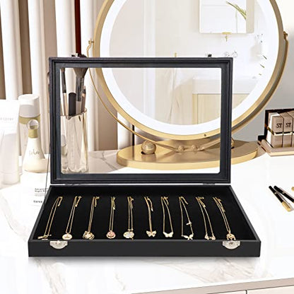Wudygirl Necklace Organizer Leather Jewelry Tray with Lid 13.7"x9.4" Black | 20 Hooks Jewelry Organizer with Velvet Liner, Ideal for Jewelry Storage, Dresser Drawer or Gift, Dustproof Design - style: Necklace Tray