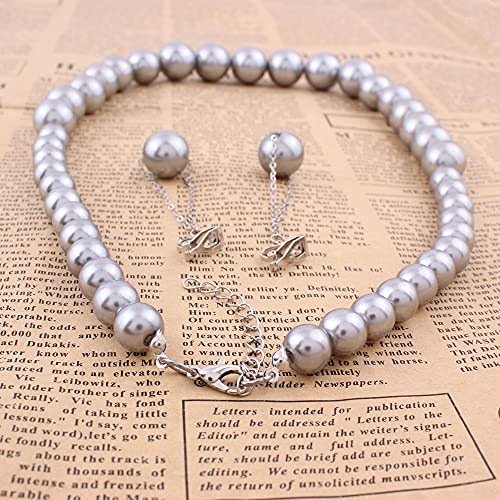 Handmade Faux Pearl Necklace and Clip on Earrings Jewelry Sets for Women Bib Choker Collar Necklace - color: Grey-Necklace+Tassel Clip Earrings