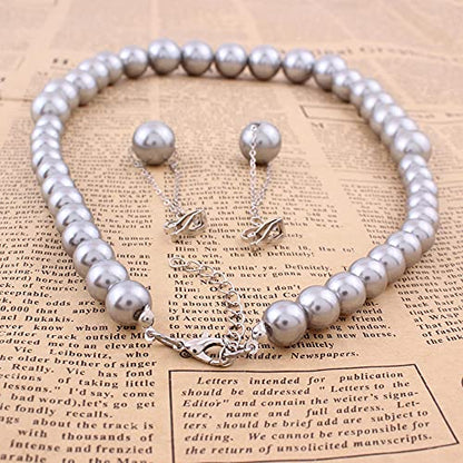 Handmade Faux Pearl Necklace and Clip on Earrings Jewelry Sets for Women Bib Choker Collar Necklace - color: Grey-Necklace+Tassel Clip Earrings