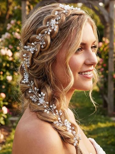 Catery Rhinestone Bridal Hair Vine Headband Silver Wedding Headpiece for Bride Prom Hair Accessories