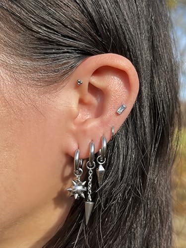 20GA 316L Stainless Steel Faceted Cone Spike Dangling Huggie Hoop Earrings, Sold as a Pair - style: Silver Tone