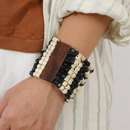 Caiyao Bohemian Wooden Beaded Stretch Bracelet Wide Chunky Bangle Beads Jewelry Wood Elastic Wristband for Women-Brown - style: 00A