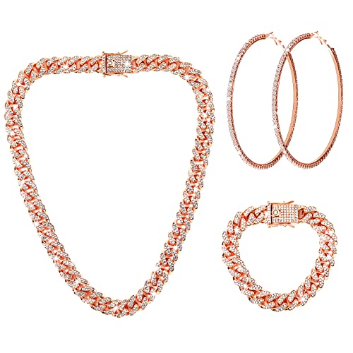 Batiyeer 3 Pcs Cuban Link Chain Necklace Bracelet Rhinestone Hoop Earrings Bling Crystal Hip Hop Jewelry for Women(20 Inch,Rose Gold) - color: Rose Gold, size: 20 Inch